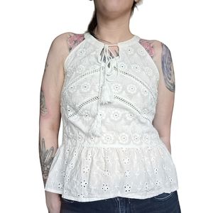 ADIVA | Floral Eyelet Peplum Hem Tassels Tie Cotton Tank Top | Size Medium